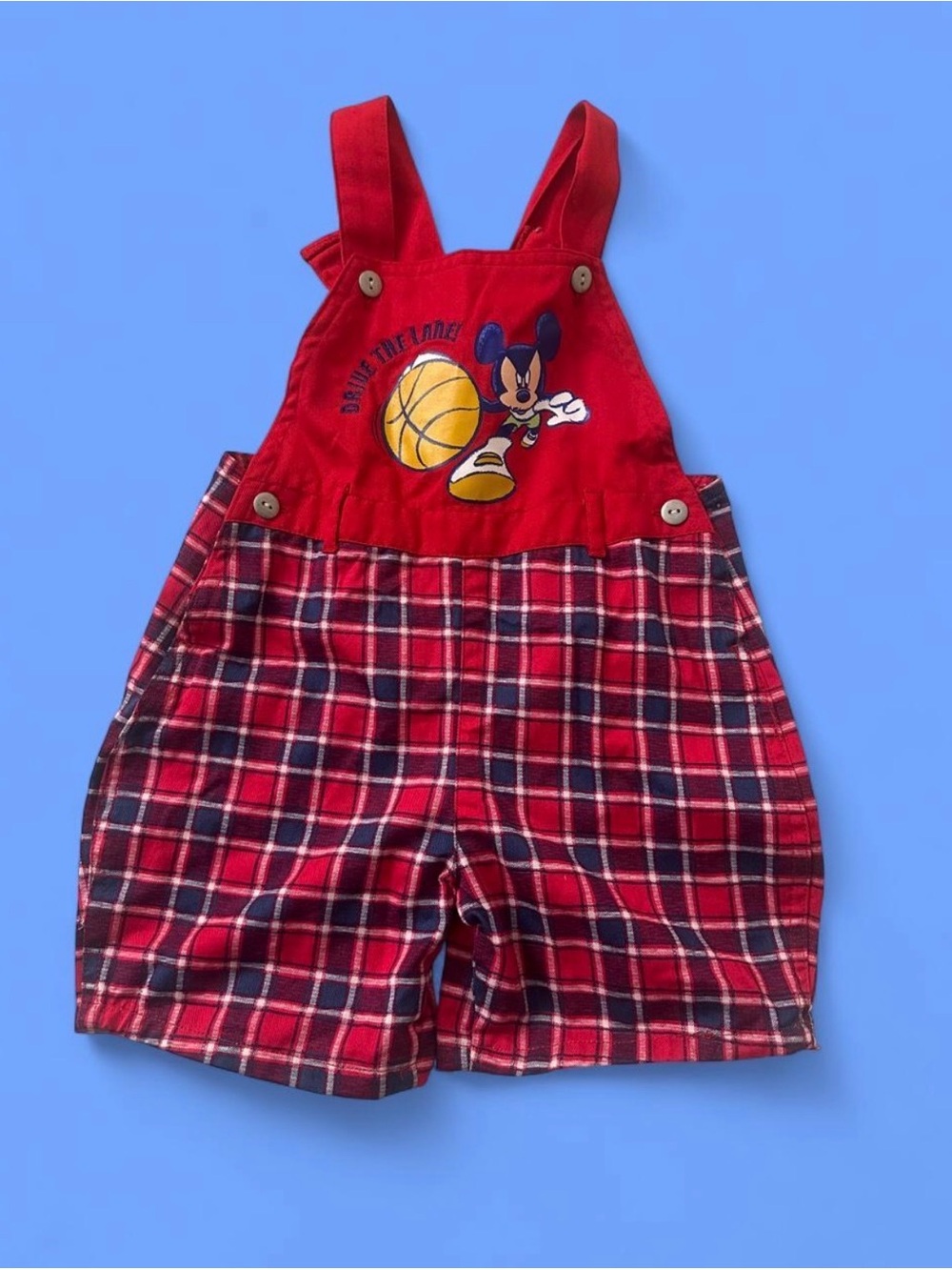 Vintage Disney Mickey Mouse Red Plaid Toddler Overalls